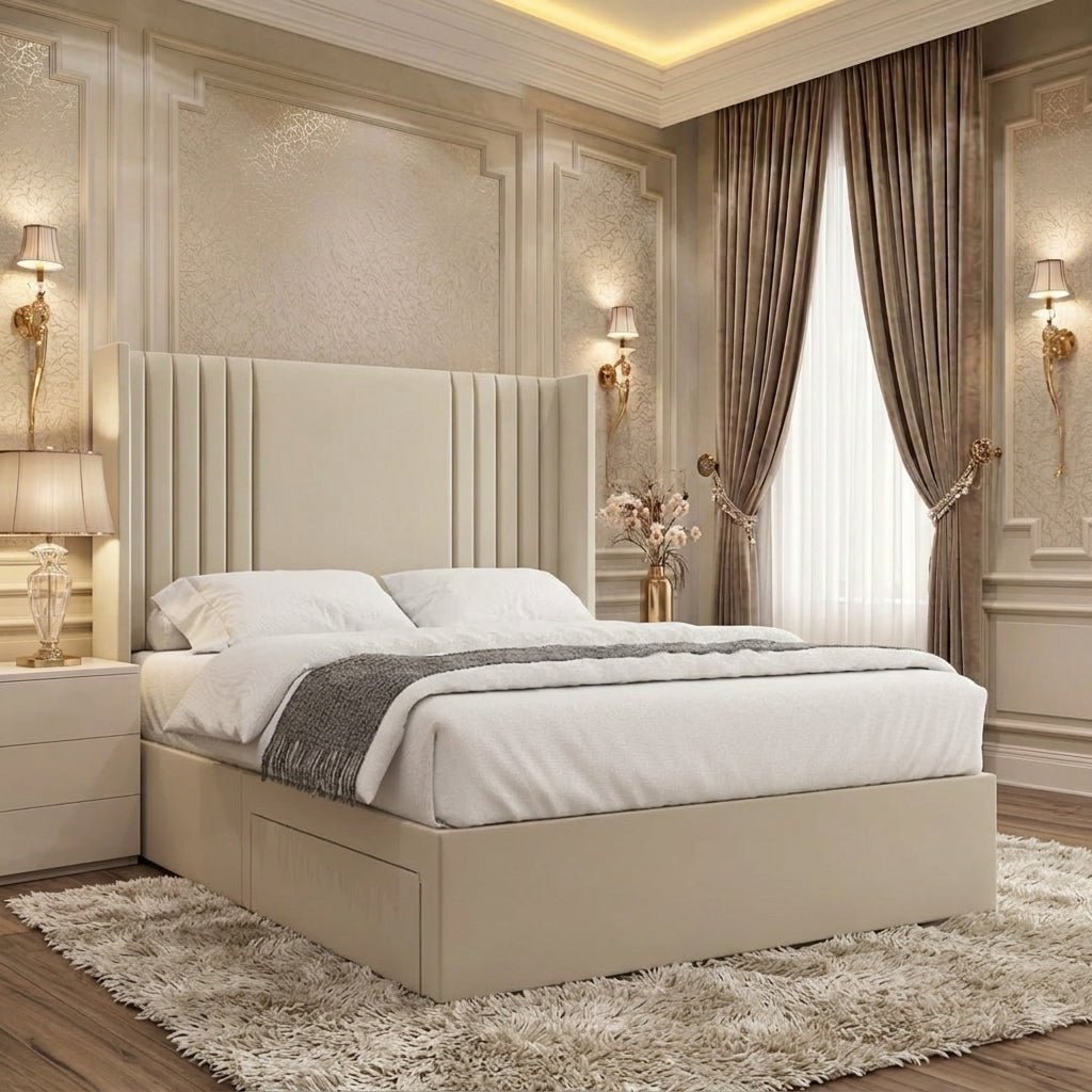 Cream wingback divan bed with a vertical panel design 