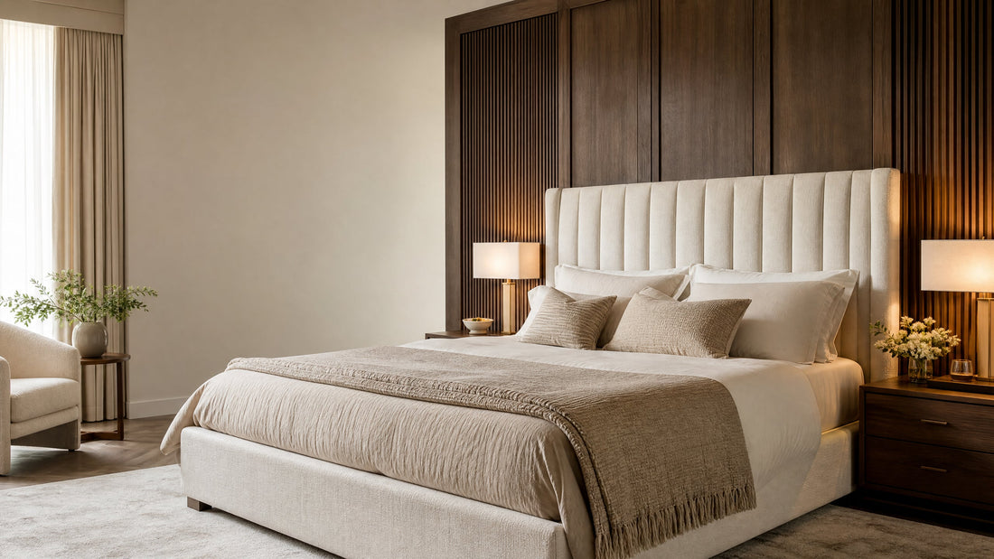 Cream upholstered bed styled in a warm modern bedroom