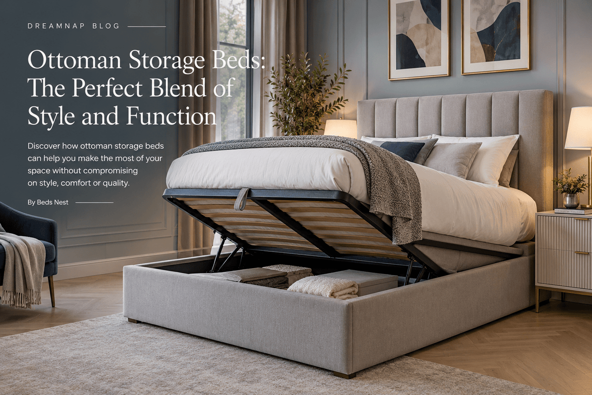 Upholstered ottoman storage bed raised to show the spacious under-bed storage compartment