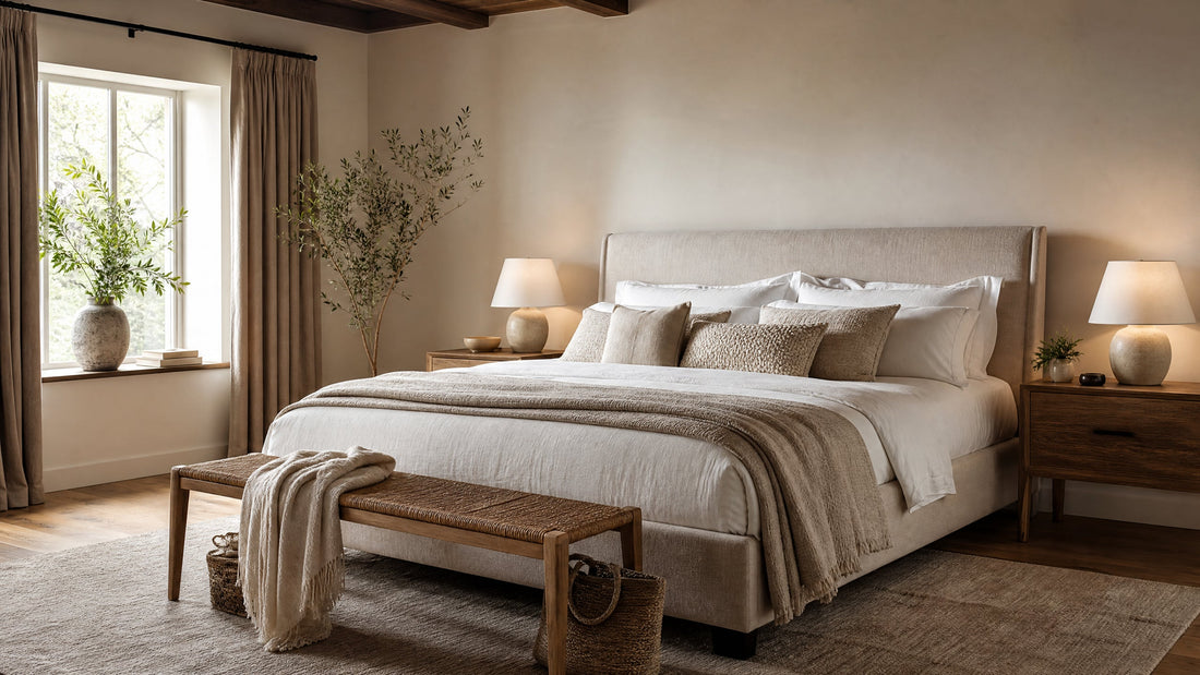 Serene upholstered bed in a calm neutral bedroom