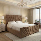 Taupe Ottoman Storage Bed with Fan Panel Headboard