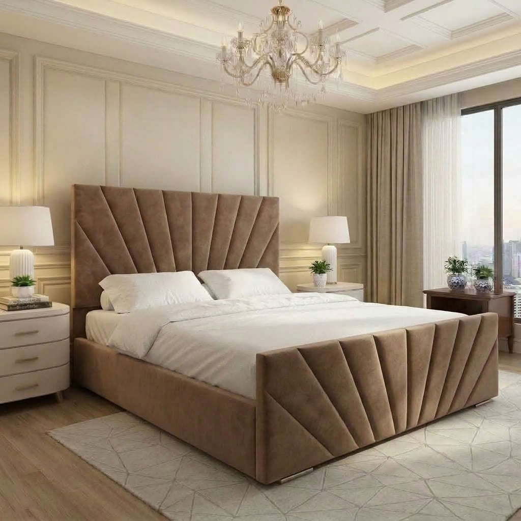 Taupe Ottoman Storage Bed with Fan Panel Headboard