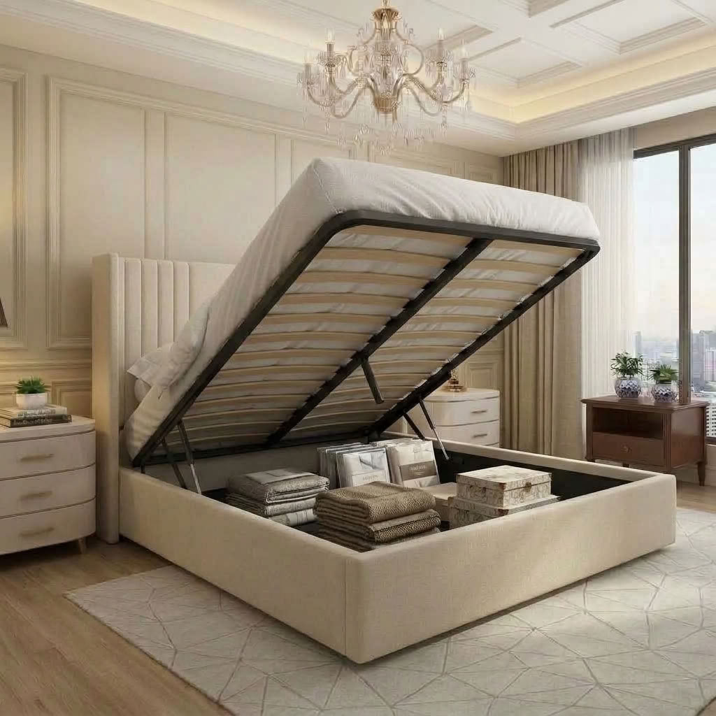 Elara Cream Upholstered Ottoman Storage Bed