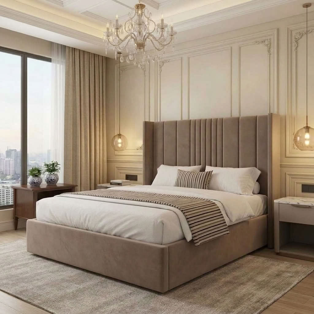 Henley Taupe Upholstered Ottoman Bed with Panelled Headboard