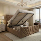 Taupe Ottoman Storage Bed with Fan Panel Headboard