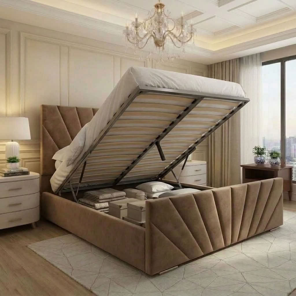 Taupe Ottoman Storage Bed with Fan Panel Headboard