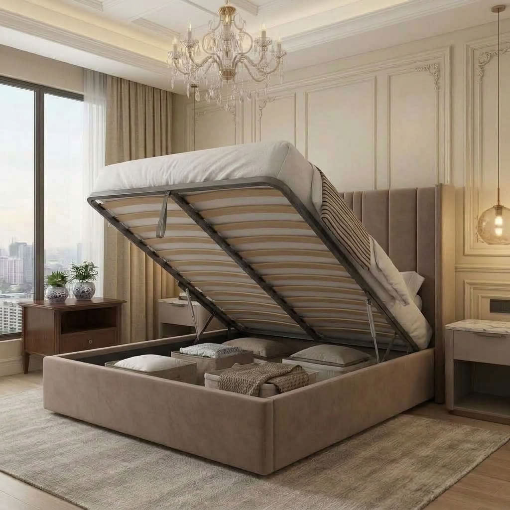 Henley Taupe Upholstered Ottoman Bed with Panelled Headboard
