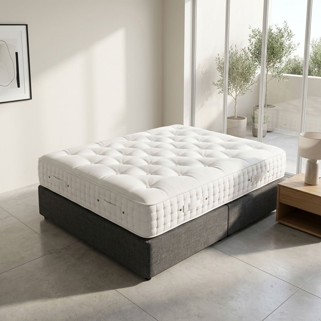 White Dreamnap 3000 Pocket Sprung Mattress on a grey divan base in a bright modern bedroom.