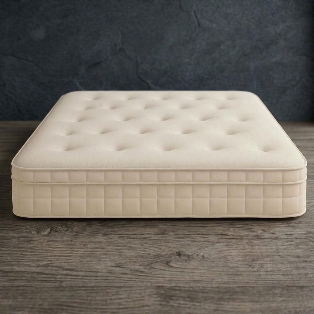 Front view of the cream Dreamnap Hybrid Mattress with a deeply tufted top and quilted side panels.