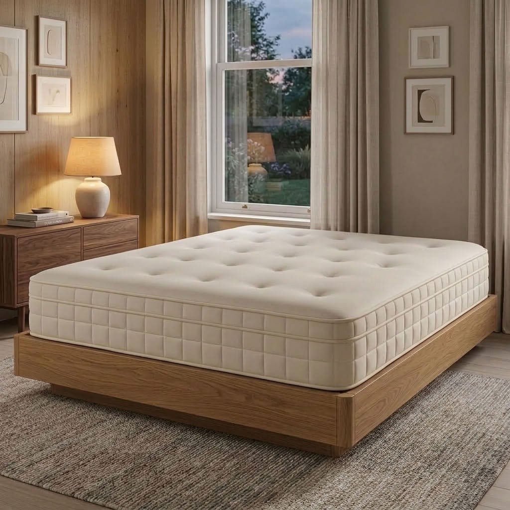 Dreamnap Hybrid Mattress displayed on a wooden bed frame in a warm, neutral bedroom.